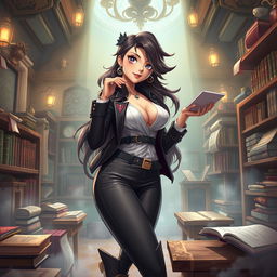 A fantastical and imaginative scene featuring a confident and alluring fantasy tutor character, depicted with an exaggerated hourglass figure, wearing stylish, bold clothing