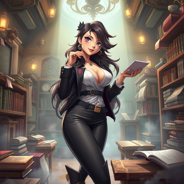 A fantastical and imaginative scene featuring a confident and alluring fantasy tutor character, depicted with an exaggerated hourglass figure, wearing stylish, bold clothing