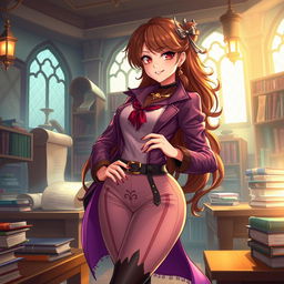 A fantastical and imaginative scene featuring a confident and alluring fantasy tutor character, depicted with an exaggerated hourglass figure, wearing stylish, bold clothing