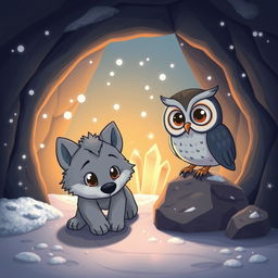 A whimsical cartoon scene inside a cozy cave featuring a playful wolf pup and a wise owl