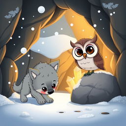 A whimsical cartoon scene inside a cozy cave featuring a playful wolf pup and a wise owl