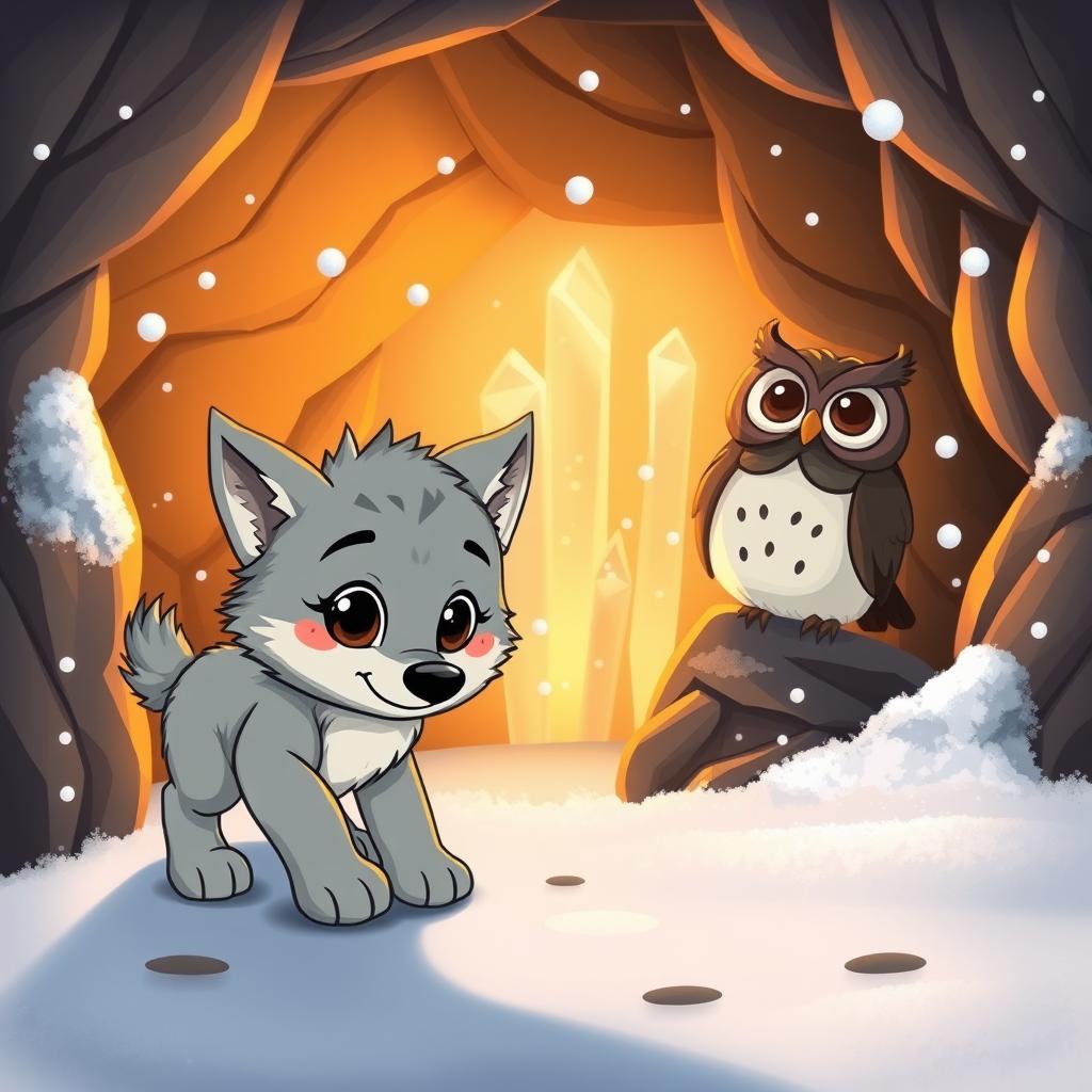 A whimsical cartoon scene inside a cozy cave featuring a playful wolf pup and a wise owl