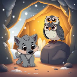 A whimsical cartoon scene inside a cozy cave featuring a playful wolf pup and a wise owl