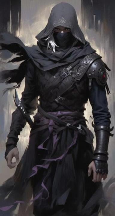 A mysterious ninja-like figure standing confidently, draped in dark, flowing robes and a hood that casts shadows over their face