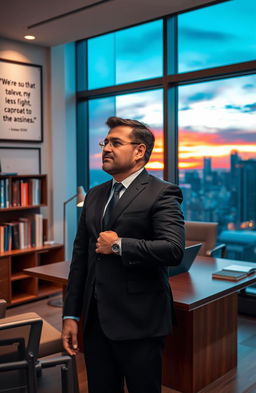 A confident CEO standing in a modern office environment, wearing a tailored dark suit and a sleek watch