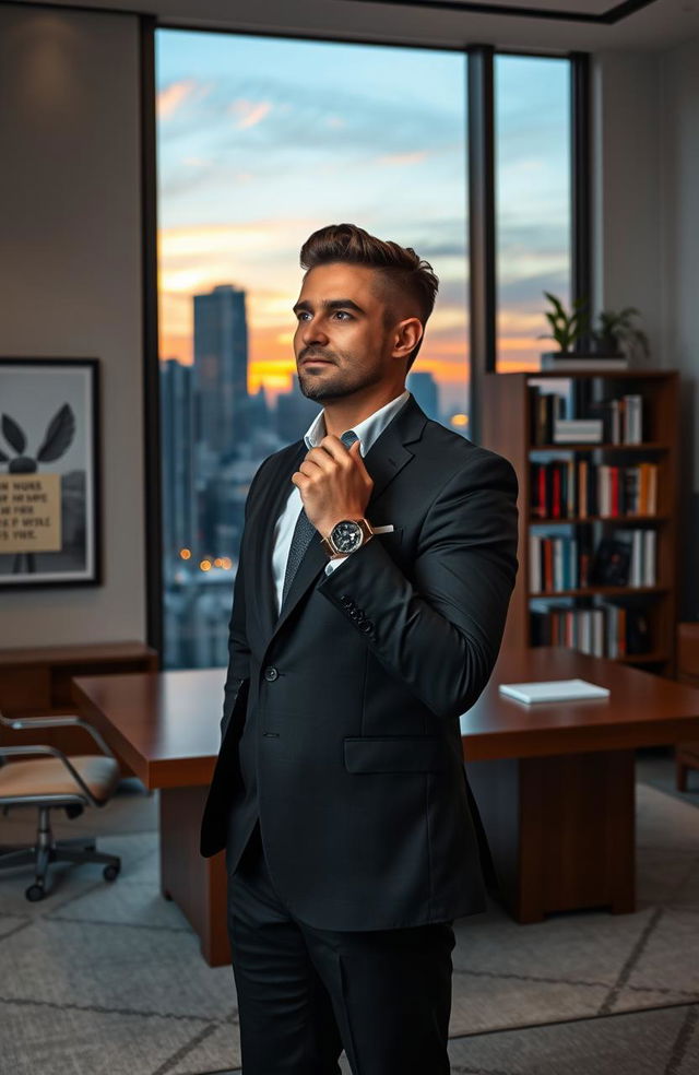 A confident CEO standing in a modern office environment, wearing a tailored dark suit and a sleek watch