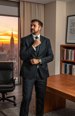 A confident CEO standing in a modern office environment, wearing a tailored dark suit and a sleek watch