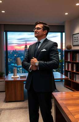 A confident CEO standing in a modern office environment, wearing a tailored dark suit and a sleek watch