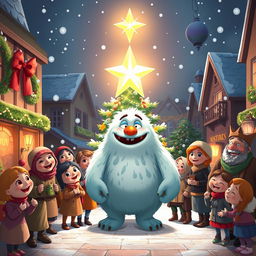 A joyful scene depicting the mayor of Mistwood town declaring the best Christmas Star ceremony ever