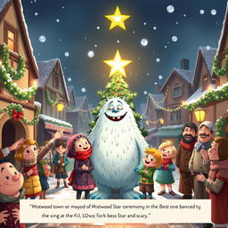 A joyful scene depicting the mayor of Mistwood town declaring the best Christmas Star ceremony ever
