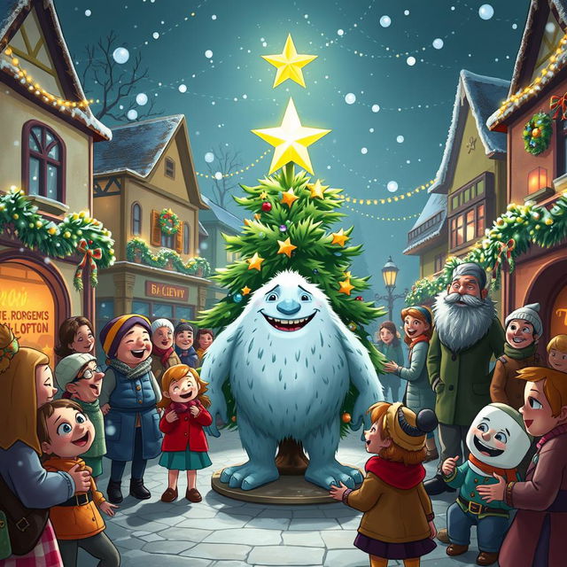 A joyful scene depicting the mayor of Mistwood town declaring the best Christmas Star ceremony ever