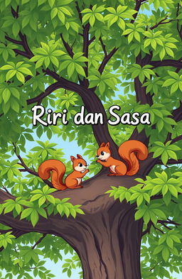 The title 'Riri dan Sasa' in cute Comic Sans font, surrounded by a lush green tree with thick foliage
