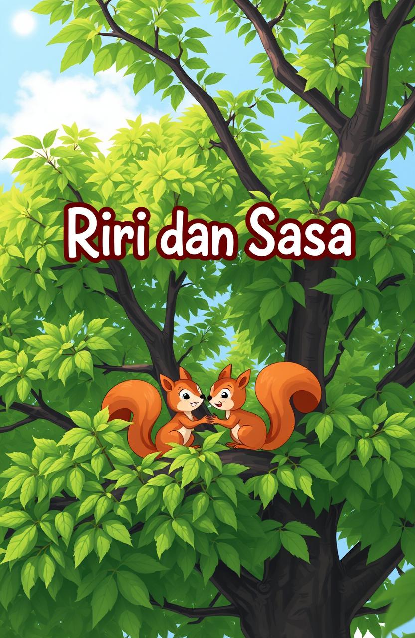The title 'Riri dan Sasa' in cute Comic Sans font, surrounded by a lush green tree with thick foliage