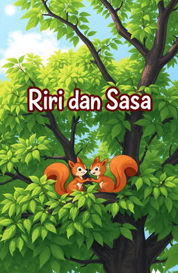 The title 'Riri dan Sasa' in cute Comic Sans font, surrounded by a lush green tree with thick foliage