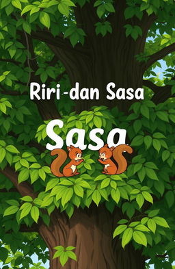 The title 'Riri dan Sasa' in cute Comic Sans font, surrounded by a lush green tree with thick foliage