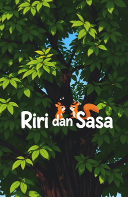 The title 'Riri dan Sasa' in cute Comic Sans font, surrounded by a lush green tree with thick foliage