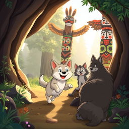 A heartwarming cartoon scene illustrating a joyful reunion of a wolf pup with its family inside a cozy cave