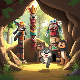 A heartwarming cartoon scene illustrating a joyful reunion of a wolf pup with its family inside a cozy cave