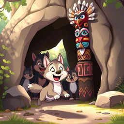 A heartwarming cartoon scene illustrating a joyful reunion of a wolf pup with its family inside a cozy cave