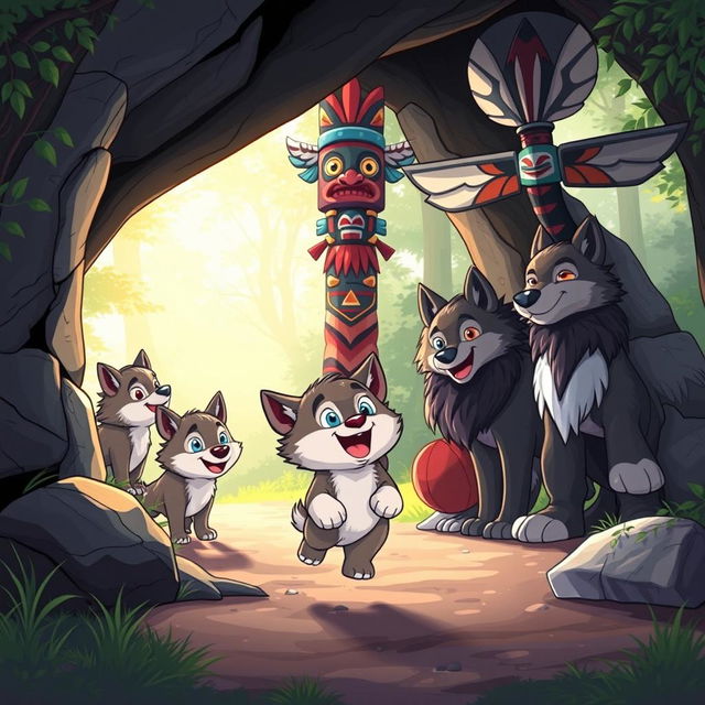 A heartwarming cartoon scene illustrating a joyful reunion of a wolf pup with its family inside a cozy cave