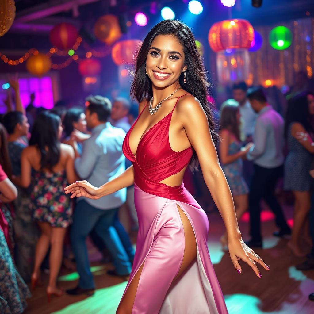 A vibrant scene at a lively dancing event featuring a stunning Latina woman wearing a glamorous double slit dress