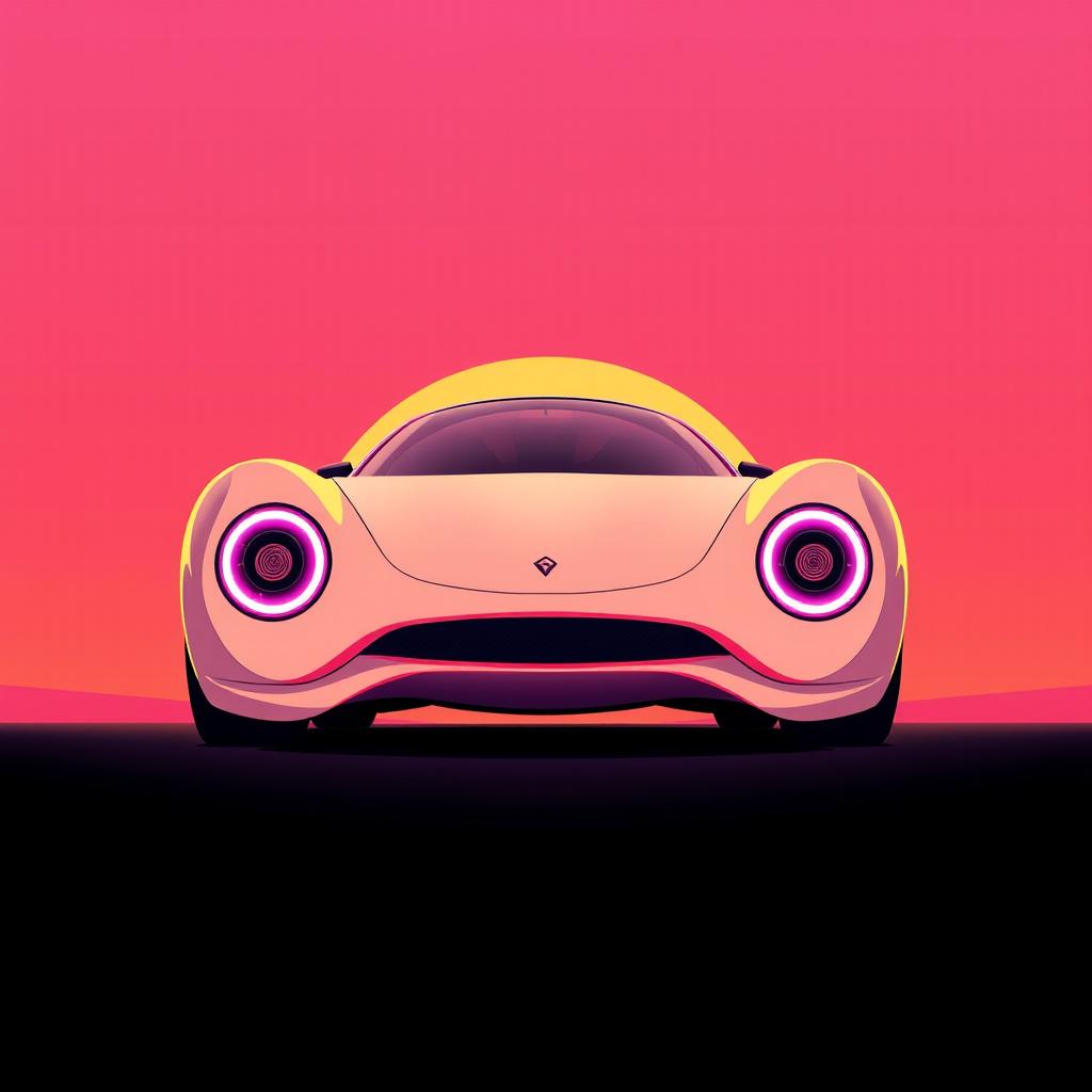 A digital illustration of a futuristic car prominently positioned in the center of the image