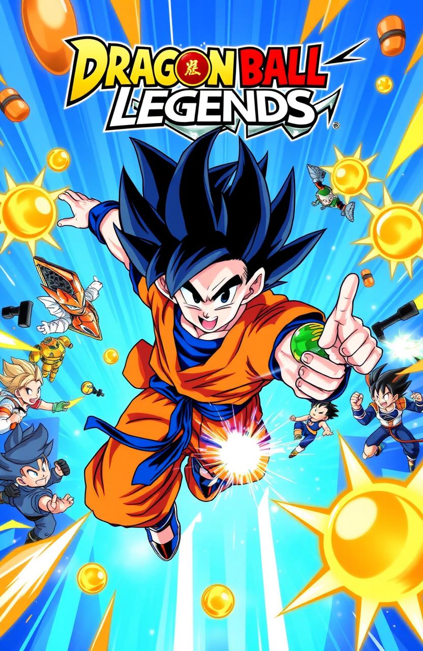 A colorful and dynamic cover art of Dragon Ball Legends featuring Shallot, a Saiyan warrior, energetically playing a mobile game on his smartphone
