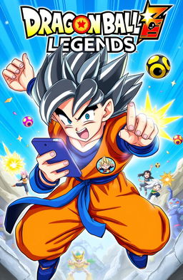 A colorful and dynamic cover art of Dragon Ball Legends featuring Shallot, a Saiyan warrior, energetically playing a mobile game on his smartphone
