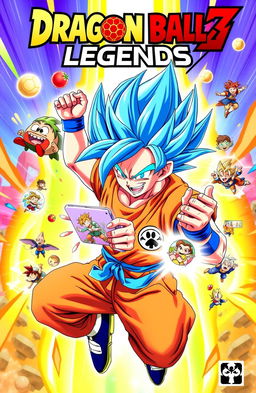 A colorful and dynamic cover art of Dragon Ball Legends featuring Shallot, a Saiyan warrior, energetically playing a mobile game on his smartphone