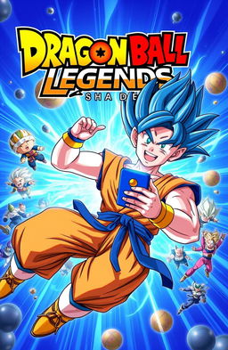 A colorful and dynamic cover art of Dragon Ball Legends featuring Shallot, a Saiyan warrior, energetically playing a mobile game on his smartphone