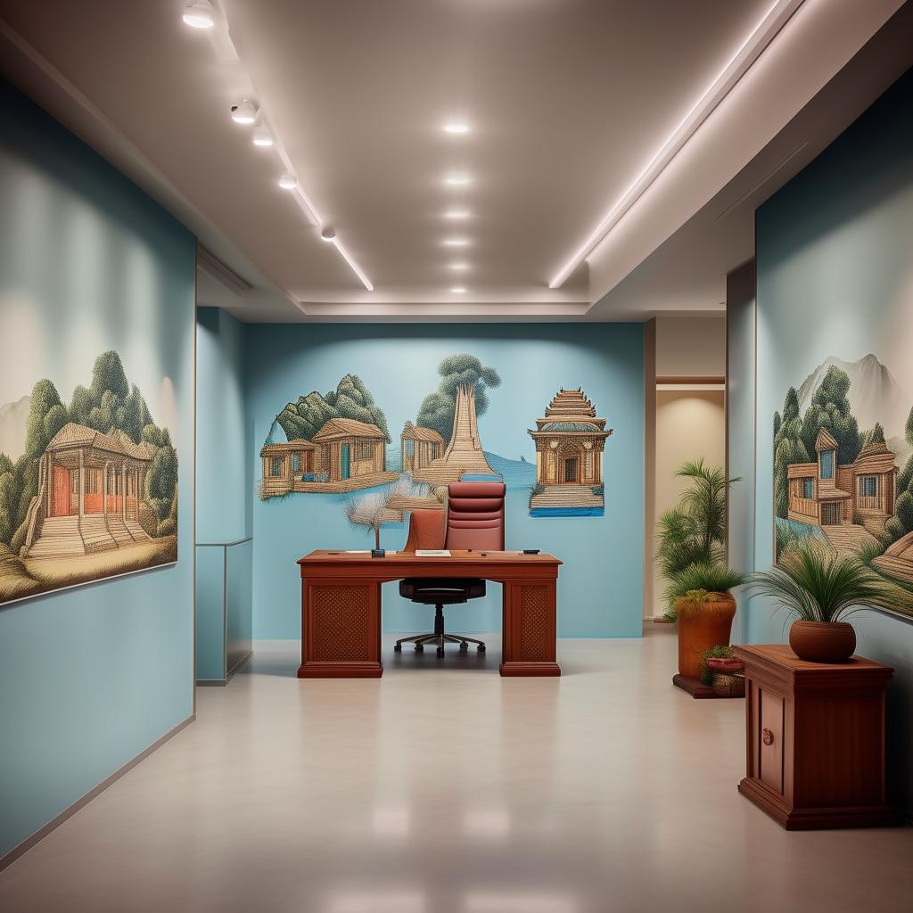 Redesign the chief's office on a campus with a Nepali theme, using light blue and its various tints and tones. The office should contain wall pictures illustrating Nepali culture, with an overall simple and subtle decor.