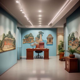 Redesign the chief's office on a campus with a Nepali theme, using light blue and its various tints and tones. The office should contain wall pictures illustrating Nepali culture, with an overall simple and subtle decor.