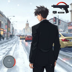 In an anime style illustration, a character with messy hair, dressed in a sleek black suit, stands with his back facing the viewer