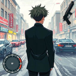 In an anime style illustration, a character with messy hair, dressed in a sleek black suit, stands with his back facing the viewer