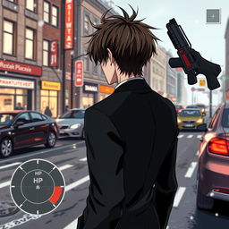 In an anime style illustration, a character with messy hair, dressed in a sleek black suit, stands with his back facing the viewer