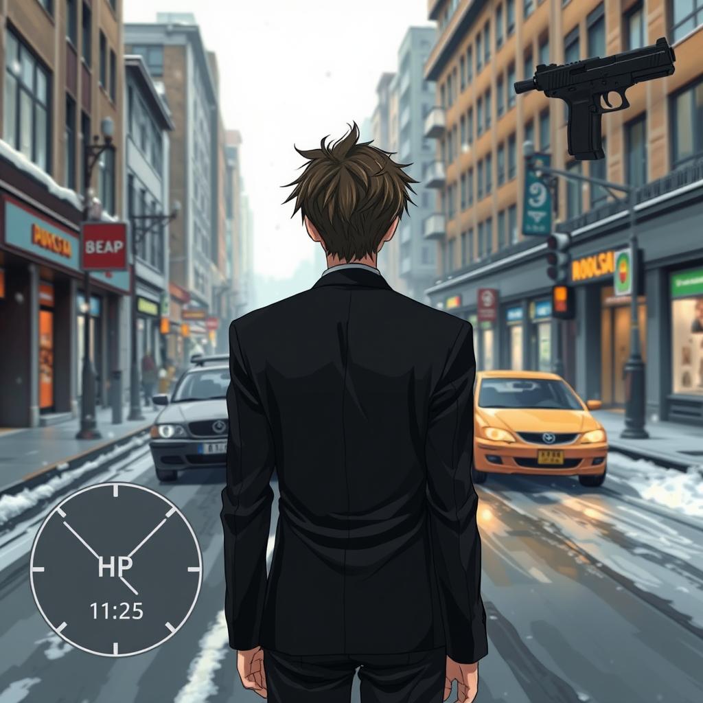 In an anime style illustration, a character with messy hair, dressed in a sleek black suit, stands with his back facing the viewer