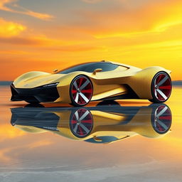 A digital rendering of a futuristic sports car displayed from the front three-quarter angle, facing towards the left side of the image