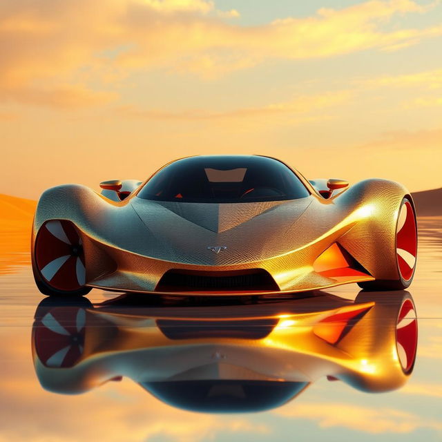 A digital rendering of a futuristic sports car displayed from the front three-quarter angle, facing towards the left side of the image