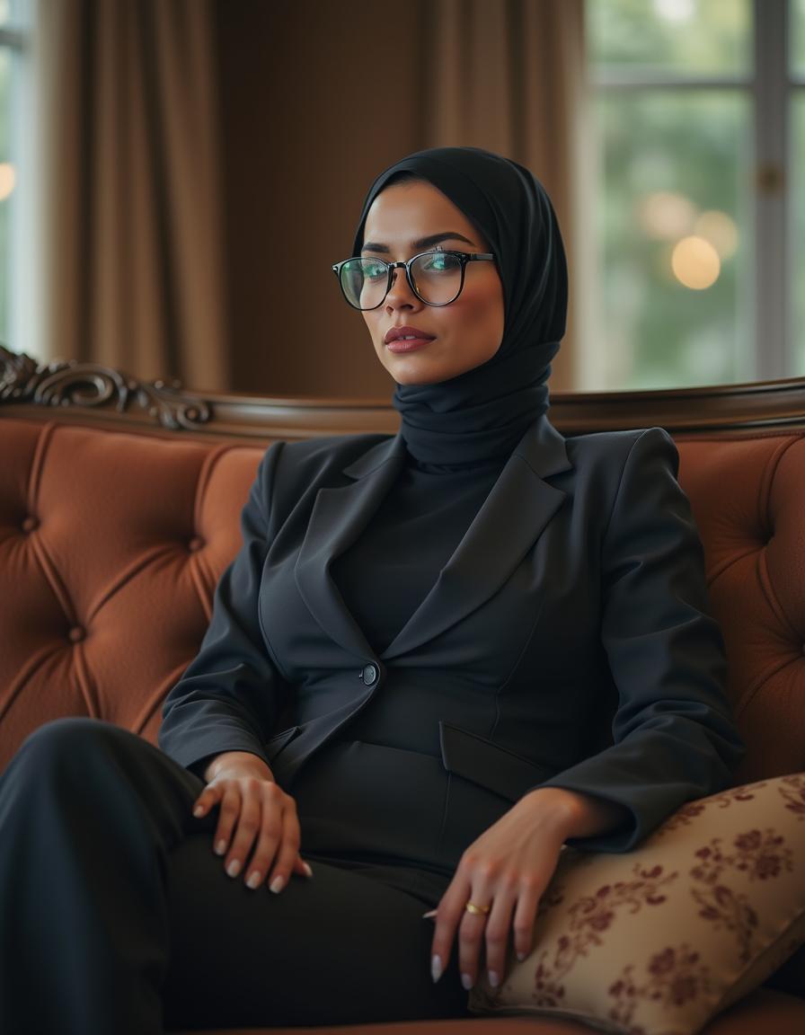 A high-class 40-year-old woman with a busty body and bright skin, sitting on an elegant couch in a luxurious bedroom