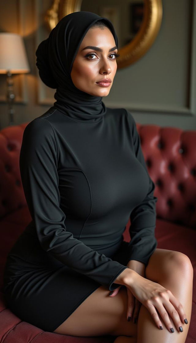 A high-class 40-year-old woman with a busty body and bright skin, sitting on a luxurious couch in an elegant bedroom