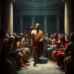 A dramatic and atmospheric depiction of the assassination of Julius Caesar in the Roman Senate