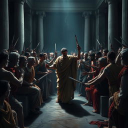 A dramatic and atmospheric depiction of the assassination of Julius Caesar in the Roman Senate