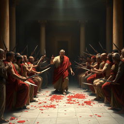 A dramatic and atmospheric depiction of the assassination of Julius Caesar in the Roman Senate