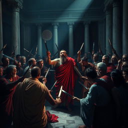 A dramatic and atmospheric depiction of the assassination of Julius Caesar in the Roman Senate