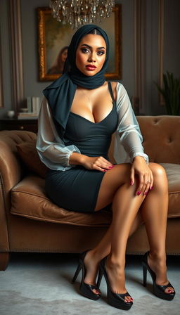 A high-class 40-year-old woman with a busty body, depicted in a full-body shot within an elegant bedroom