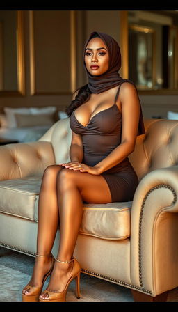 A high-class 40-year-old woman with a busty body, depicted in a full-body shot within an elegant bedroom
