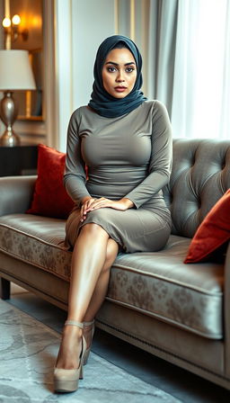 A high-class 40-year-old woman with a busty body and bright skin, depicted in full body while sitting on an elegant couch in a luxurious bedroom