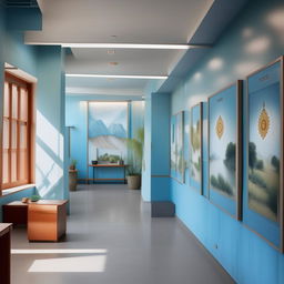 Redesign the chief's office on a campus with a Nepali theme, using light blue and its various tints and tones. The office should contain wall pictures illustrating Nepali culture, with an overall simple and subtle decor.