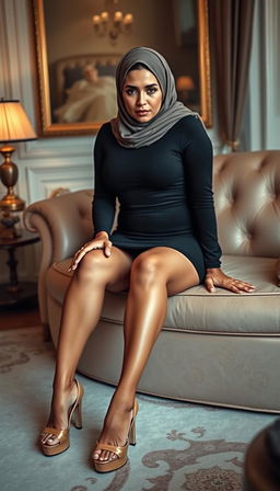 A high-class European 40-year-old woman with a full, voluptuous body, depicted in a luxurious bedroom setting