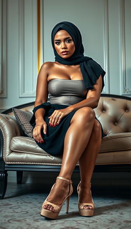 A high-class European 40-year-old woman with a full, voluptuous body, depicted in a luxurious bedroom setting